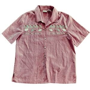 Koret Vintage Red Striped Gingham Beaded Top Womens Large